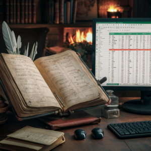 Bild altes analoges Haushaltsbuch und digitales Haushaltsbuch in Excel