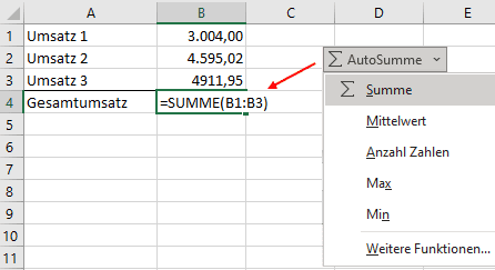 Screenshot Excel - Beispiel Funktion Autosumme