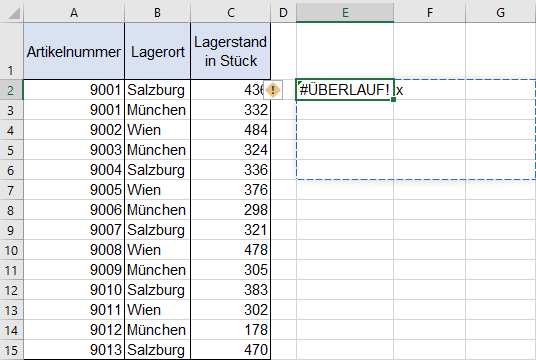 Screenshot Excel - Beispiel Überlauf
