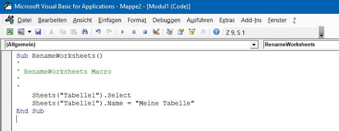 Screenshot Excel - Beispielcode Umbenennen eines Arbeitsblattes