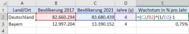 Screenshot Excel - Berechnung-Wachstumsrate-über-mehrere-Jahre