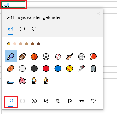 Screenshot Excel - Emoji-Suche