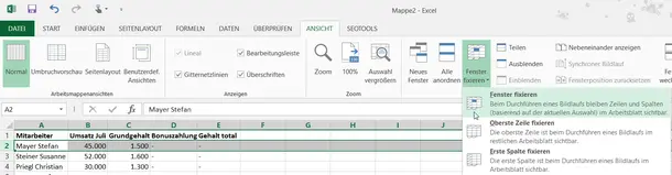 Screenshot Excel - Fenster-fixieren