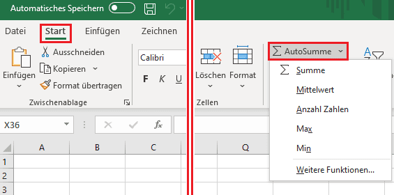 Screenshot Excel - Die Funktion Autosumme im Excel Menü