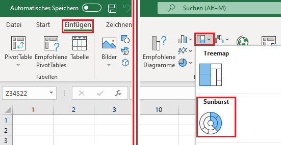 Screenshot Excel - Menüband-Sunburstdiagramm