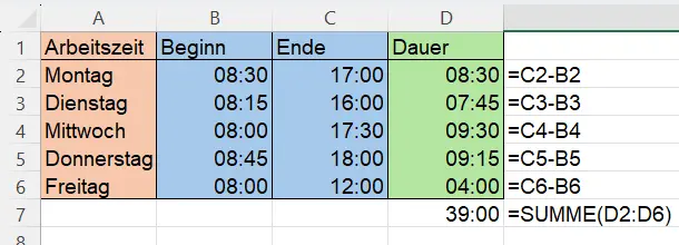 Screenshot Excel - Zeiterfassung-korrekte Summe nach Formatkorrektur