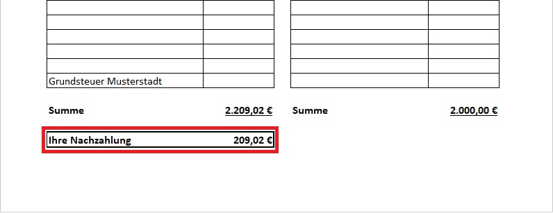 Screenshot Nebenkostenabrechnung Nachzahlung markiert