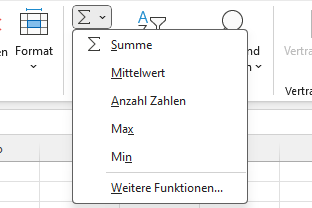 Screenshot Excel: Menüpunkt SUMME aufgeklappt mit 5 weiteren Funktionen