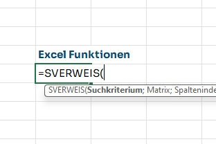 Screenshot: Excel Funktion SVERWEIS eingetragen in eine Zelle in einem Excel Arbeitsblatt