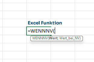 Screenshot: Excel Funktion WENNNV eingetragen in eine Zelle in einem Excel Arbeitsblatt