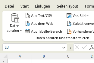 Screenshot von Excel mit Menüband und der Funktion Daten abrufen (Power Query)