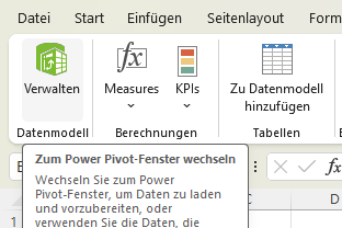 Screenshot Excel: Funktion Datenmodell verwalten zu Power Pivot wechseln